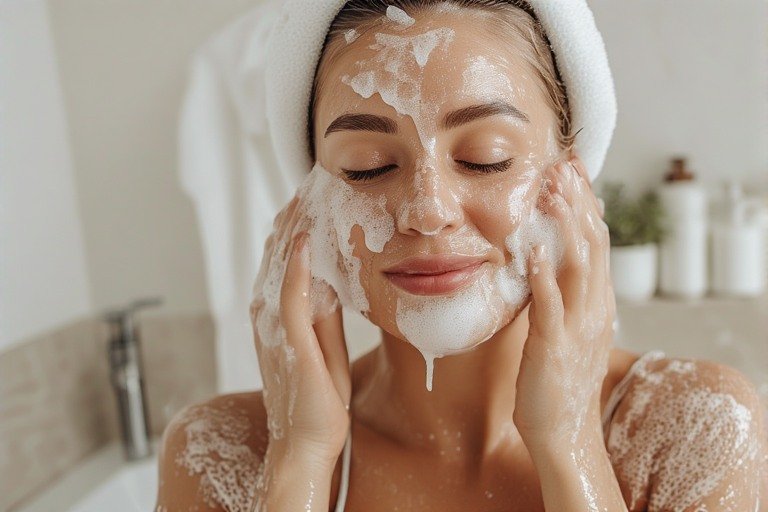 మొటిమల సబ్బు నురగను ముఖానికి అప్లై చేస్తున్న ఫోటో