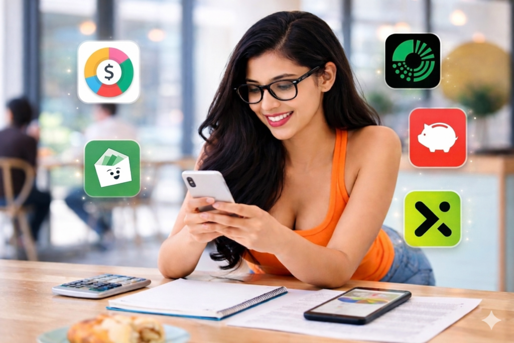 భారతదేశంలో బడ్జెట్ యాప్ ఉపయోగిస్తున్న ఒక మహిళా విద్యార్థిని